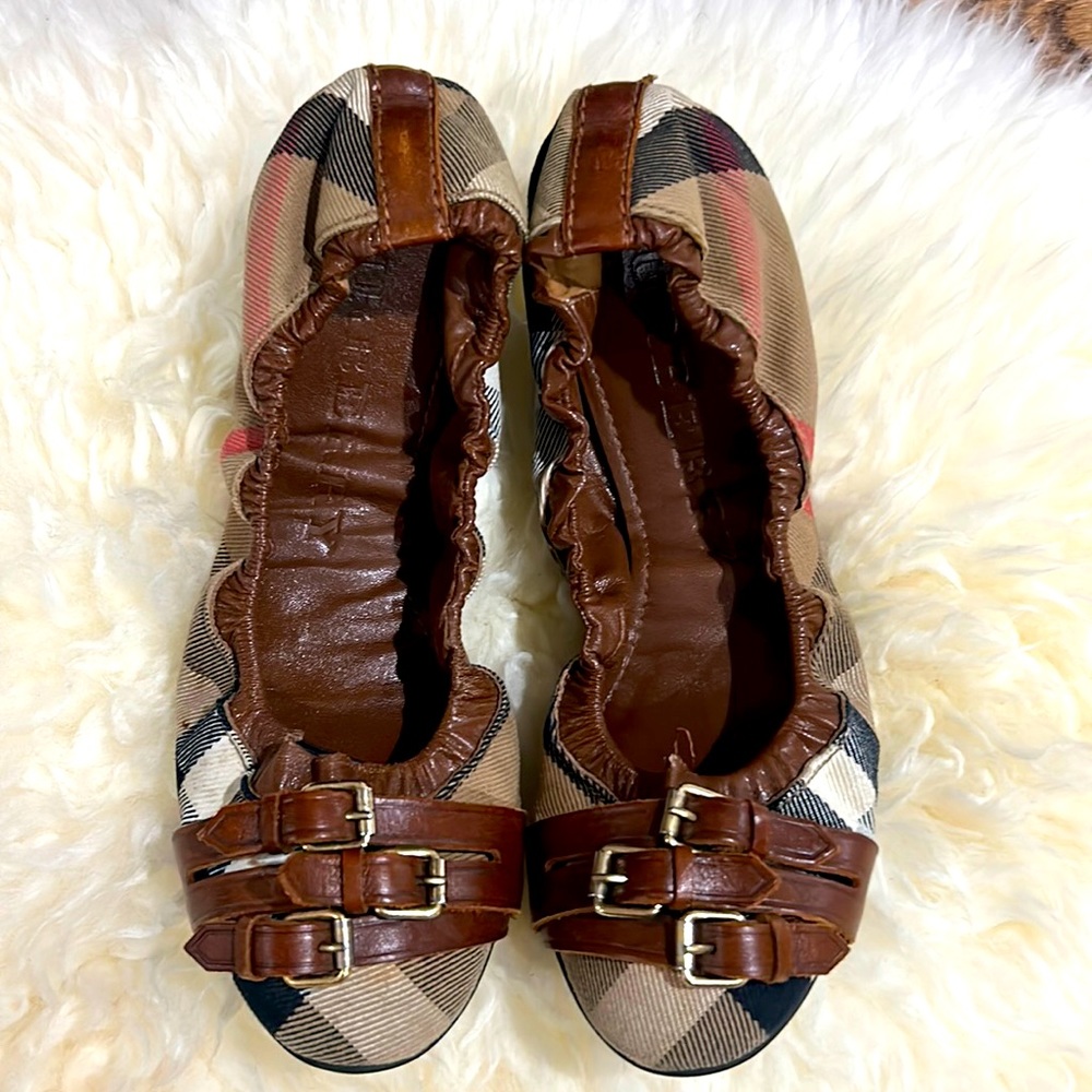 Burberry Beige Black Brown Plaid Leather-Trim Ballet Flats